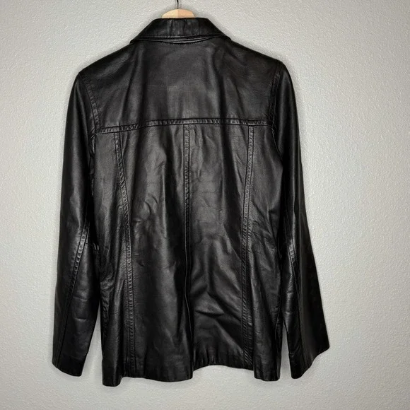 Express Black Genuine Leather Zip Front Jacket Womens Small Y2K Minimal Moto - Picture 2 of 10